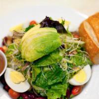 Veggie Delight · Spring mix, tomato, cucumber, sprouts, avocado, egg, kidney and garbanzo beans.