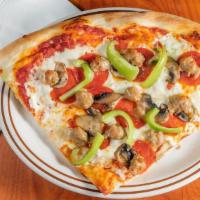 San Franciscan Pizza · Delicious combination of pepperoni, italian sausage, fresh mushrooms, and green bell peppers.