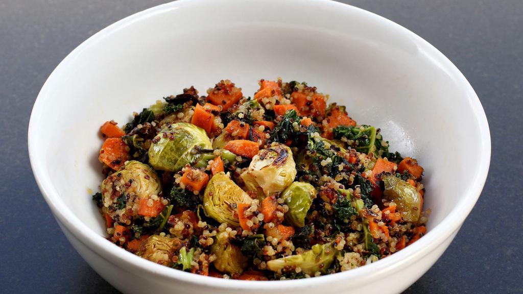 Warm Quinoa Bowl · quinoa, chili roasted sweet potatoes, kale, black beans, cilantro lime dressing
