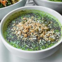 Green Detox Smoothie Bowl · pineapple, spinach, parsley, coconut milk, almond butter, lemon juice, chia seeds topped wit...