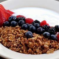 Jane's Vegan & Gluten-Free Granola · Vegan, gluten-free. Berries with rice, almond or soy milk.