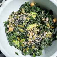 Kale and Garbanzo · lacinato kale, garbanzo beans, avocado, omega seed mix, mustard tahini dressing