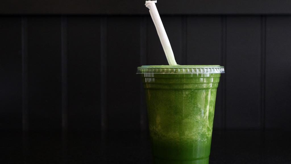 Smoothies · Organic dino kale, spinach, green apple, and cucumber blended together with lemon juice, a drop of agave, and ice. Retains all the fiber from the veggies and fruit.