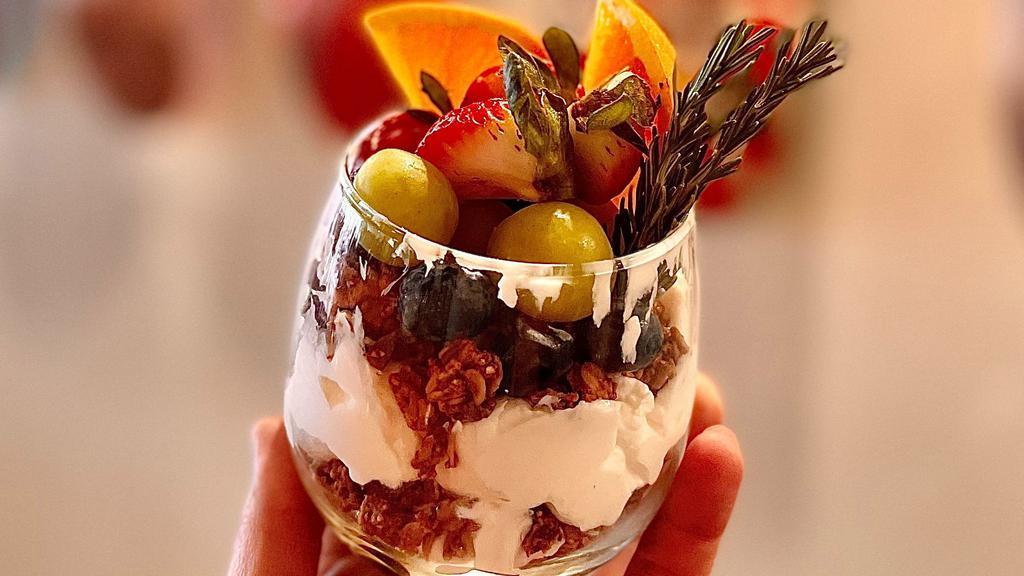 Mixed Berries Parfait · Greek yogurt, granola, mixed berries.
