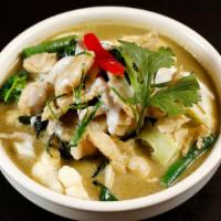 Green Curry · Sweet basil, green bean, bell pepper, bamboo shoot, and Edamame simmered in coconut milk cur...