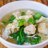 Won Ton Soup · Thai style Won Ton soup with ground chicken and shrimp wrapped in pouch and Vegetable. Add E...