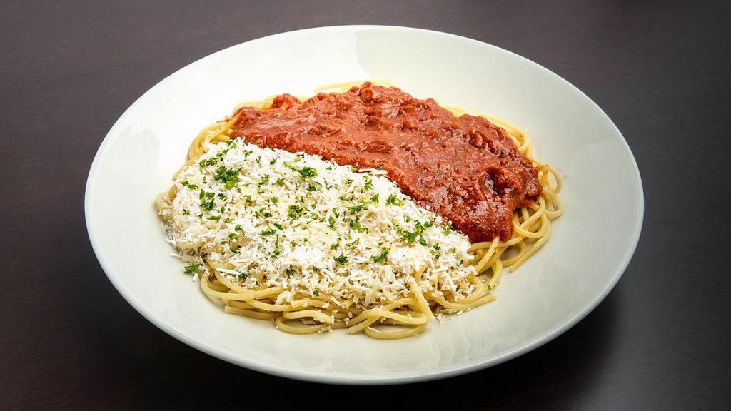 The Manager'S Favorite · Pair any two of our classic sauces (Marinara, Meat, Mizithra & Browned Butter, Mushroom, Clam) to create your favorite combination. Served over spaghetti cooked to perfection.