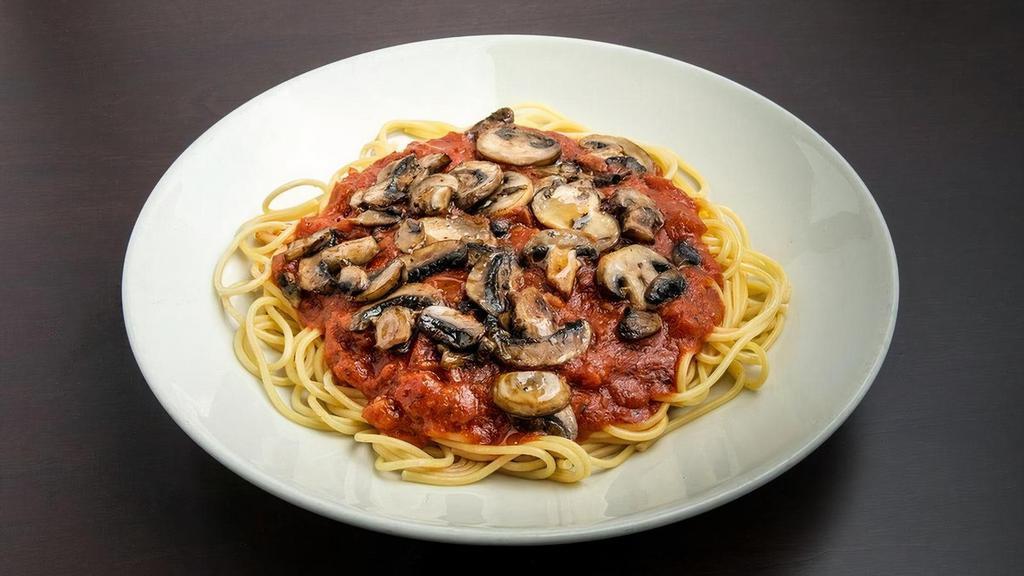 Mushroom Sauce · Our from scratch Marinara Sauce topped with freshly sautéed seasoned mushrooms. Served over spaghetti cooked to perfection.