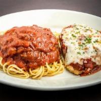 Chicken Parmigiana · A perfectly seasoned breast of tender chicken with melted cheese and Pomodoro Sauce. Served ...