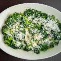 Large Broccoli (Serves 3-4) · Fresh broccoli cooked to perfection topped with our famous Mizithra cheese & browned butter..