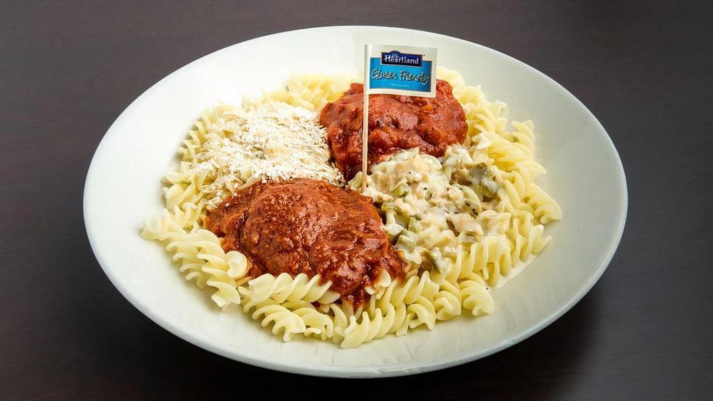 Pot Pourri · A sampler of Mizithra Cheese & Browned Butter, Meat, Clam and Marinara Sauces.  Served over gluten friendly fusilli pasta, cooked to perfection.