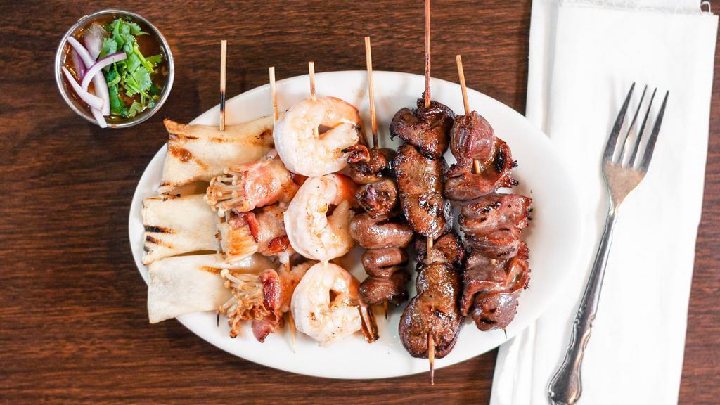 2 Skewers · Choose 2 skewers from chicken liver, chicken heart, chicken gizzard, fish balls, and shrimp. All the skewers are 6 inches long.