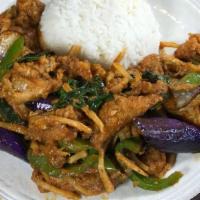 Catfish Chu Chee · Catfish nugget, lightly season and floured. Fried and stewed in red curry. Served with a sid...