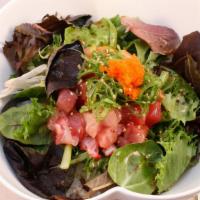 Spicy Chirashi Bowl (Poke Bowl) · Spicy level 1. Assorted sashimi over rice w/ spicy sauce.