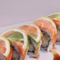 Island Roll · Shrimp tempura, cucumber + salmon & slice lemon.