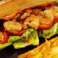  shrimp po boyW/ French Fries · Locally sourced shrimp seasoned and fired with tomato and bib lettuce,  with secret special ...