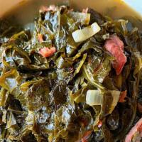 Southern Collard Greens with smoke turkey legs · Locally source winter braised collard greens infused with our smoked turkey.  This great wit...