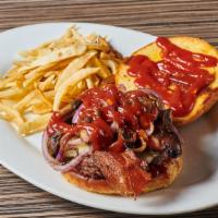 The Champs Burger · Half pound fresh meat, house-made BBQ sauce, bacon, your choice of cheese American, swiss, o...