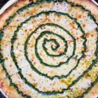 Bianco Verde · fresh mozzarella - ricotta - parmigiano - chili flakes - arugula pesto - asiago