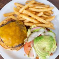 All-American Cheeseburger · Cheddar or Swiss cheese served on brioche bun with side of crispy fries.