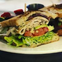 Club Sandwich · Sliced turkey or grilled chicken, bacon, lettuce, tomato, avocado, swiss, pesto aioli spread...