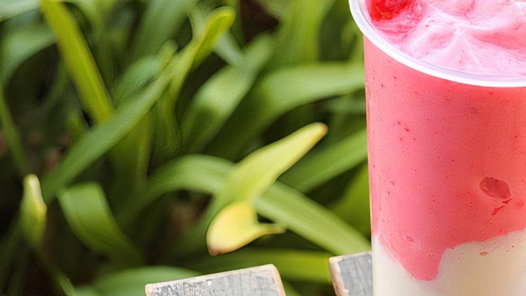 Strawberry Mango Smoothie · Strawberry & Mango smoothie made with real fruits, milk, condensed milk, and blended w/ ice.