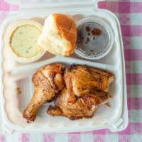 Chicken (2 Pcs, Leg, & Thigh Only) · Served with baked beans, potato salad, and roll.