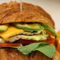 Florentine Croissant · Scrambled Egg with mushrooms, Spinach, Tomatoes, Cheese & Avocado.