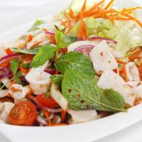 Calamari Salad · Tender calamari with ginger mint leaaves, cilantro, and yellow onion with spicy lime dressing.