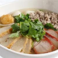 Pork and Fish Ball Noodle Soup · Slice bbq pork, minced pork, sliced fish cake, fish ball, and bean sprouts in clear chicken ...