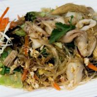 58. Pad Woon Sen · Stir-fried bean thread with napa cabbage, carrot, baby corn. green onion straw, mushrooms, a...