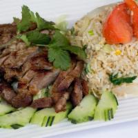 Barbeque Pork Fried Rice · Steamed jasmine rice stir fried with barbeque pork and Chinese sausage egg, tomatoes, green ...