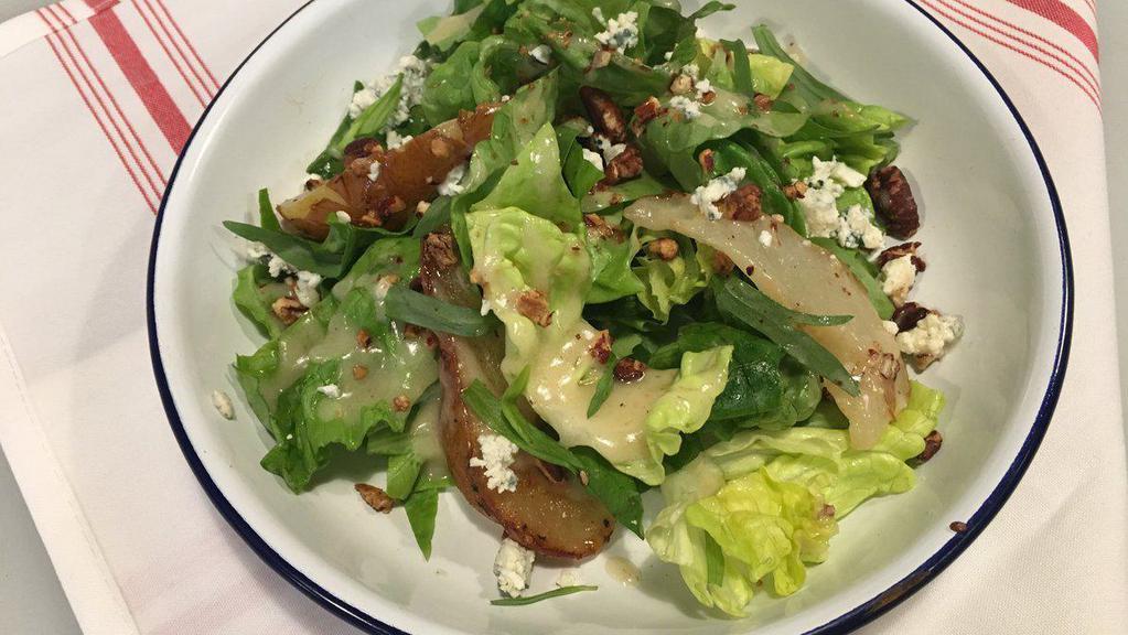 CreoLa  Salad · Butter and red leaf lettuce, toasted pecan, Roasted Pears toasted pecans. Gluten-free, vegan.
