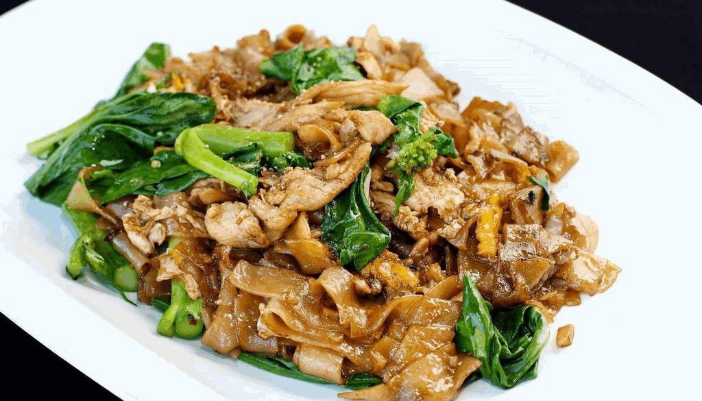 Pad See-Ew · Pan-fried flat rice noodle, egg, light white pepper powder, Chinese broccoli, oyster sauce.