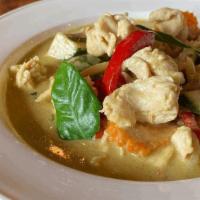 Green Curry · Medium spicy Green curry with Thai Eggplant, bamboo shoot, red Bell peppers and kaffir lime ...
