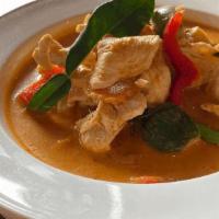 Red Curry · Mild-medium spicy Red curry with Thai eggplant, bamboo shoot, red bell peppers and kaffir li...