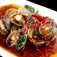 Clams Sweet Chili Sauce · Clams stir-fried with light sweet chili paste, red bell peppers, garlic and basil leaves.