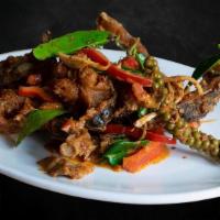 Chili Paste Catfish · Thai style stir-fried catfish (bone-in) with house made chili paste, kaffir lime leaves, you...