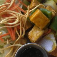 Acme Plate · Customize. Combination Sautéed Tofu, Salad,
 Steamed Rice, Crispy Topping,
& Sauce