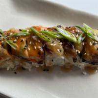 Super Veggie Roll · Vegetable Roll Topped with Fried Eggplant and Special Sauce