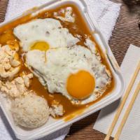 Loco Moco (Mini) · Savory  hamburger patties over rice covered with brown gravy and topped with eggs. Served is...