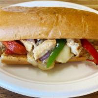 Philly Cheese Chicken · Tender chicken breast, provolone cheese, bell peppers, and onions on a French roll.