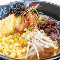 Shoyu Ramen + MiniDon Combo · Soy sauce flavored ramen, pork broth seasoned with grounded garlic, fresh green onion, bean ...