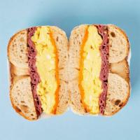 Pastrami Egg And Cheese Bagel · Choice of bagel with pastrami, 2 scrambled eggs, and cheese.
