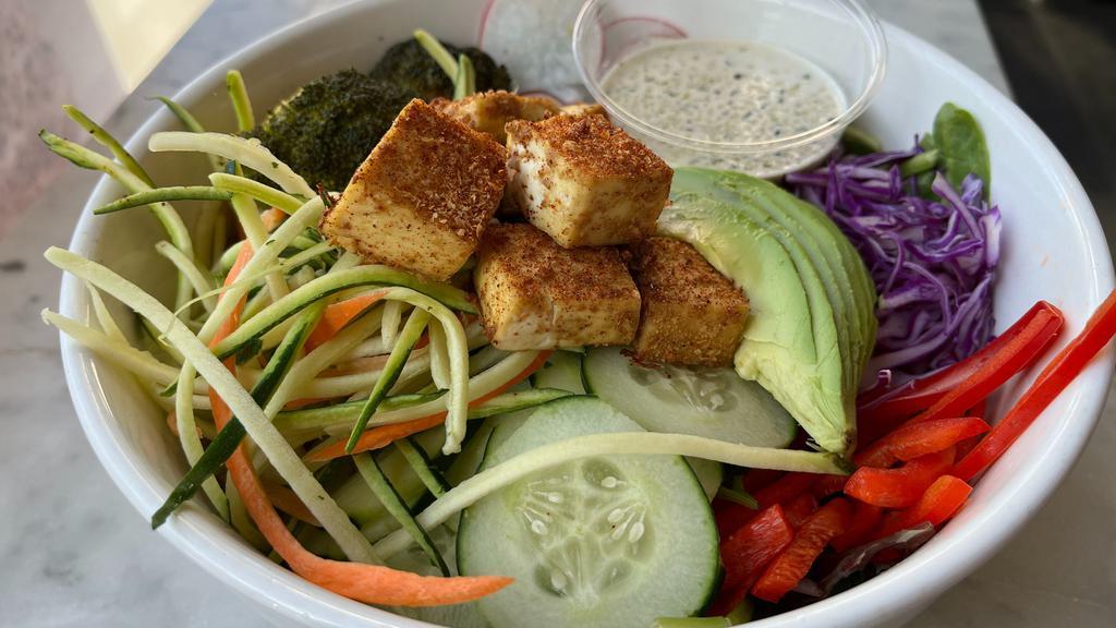 WeShred Salad · Mixed greens, roasted mushrooms & broccoli, carrots, zucchini, cabbage, cucumbers, radish, red pepper, avocado, with tofu (baked with amino acids, paprika, nutritional yeast). Oil-free creamy dill hemp dressing. #KetoFriendly #LowCarb #GlutenFree