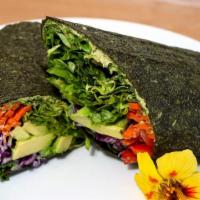 Veggie Wrap · Gluten-free. Hummus, avocado, carrots, sprouts, red peppers, romaine lettuce, cabbage, cucum...