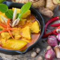 Yellow Curry (YC) · Little spicy. Coconut milk, yellow onions, potatoes, and carrots in our yellow curry. Medium...