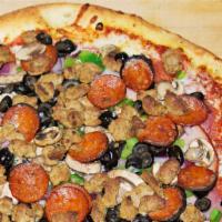 Fazerrati's Supreme · Salami, pepperoni, ham, red onions, linguica, bell peppers, mushrooms, Italian sausage, and ...