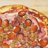 Denise's Favorite · All meat combo - salami, pepperoni, ham, linguica, Italian sausage, and bacon.