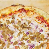 Troy's Favorite · Fresh red onions, extra chopped garlic, extra mozzarella, and Italian sausage topped with fr...